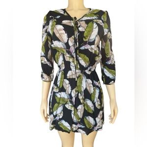 Olivaceous Black and Green Leaf Print Mini Dress